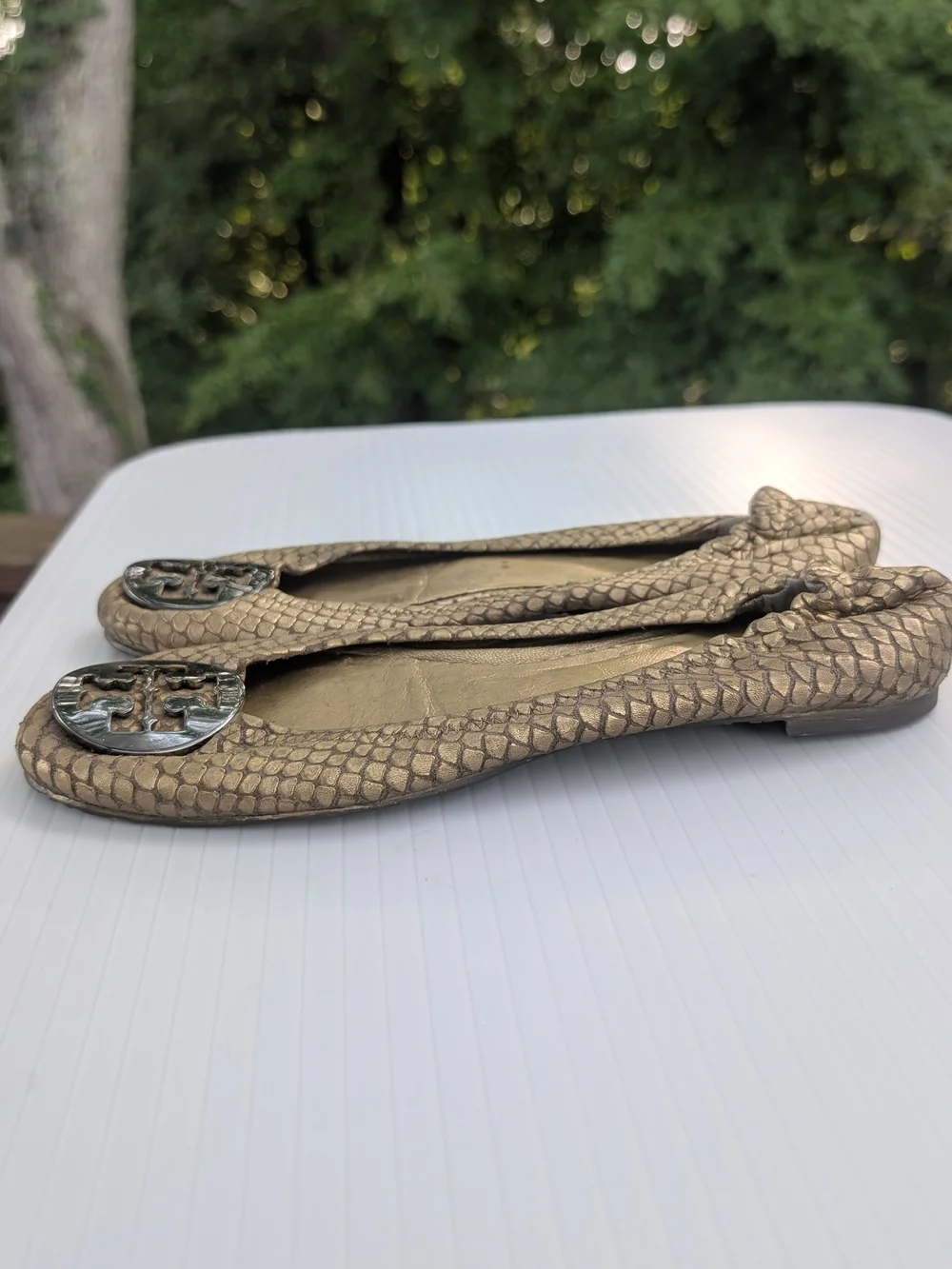 Tory Burch Reva Metallic Bronze Snake-Embossed Ballet Flats with Logo
